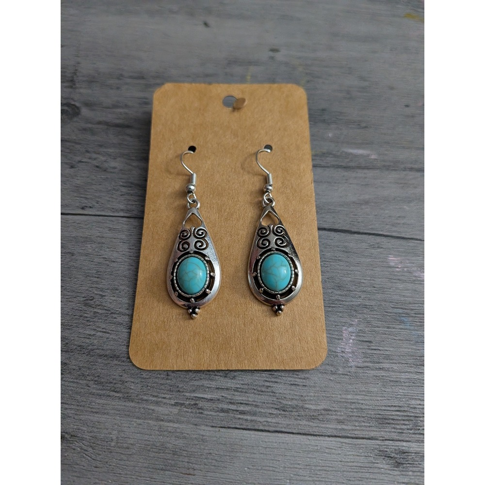 Boho Western Faux Turquoise Teardrop Dangle Earrings Silver Tone Scrollwork